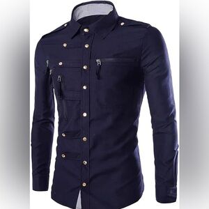 Men's Navy Button-Down Casual Shirt with Zip Pockets